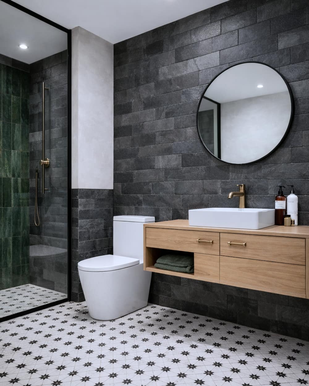 Wizualizacja łazienki z łupkiem Black Slate Brick 10x30 na ścianie